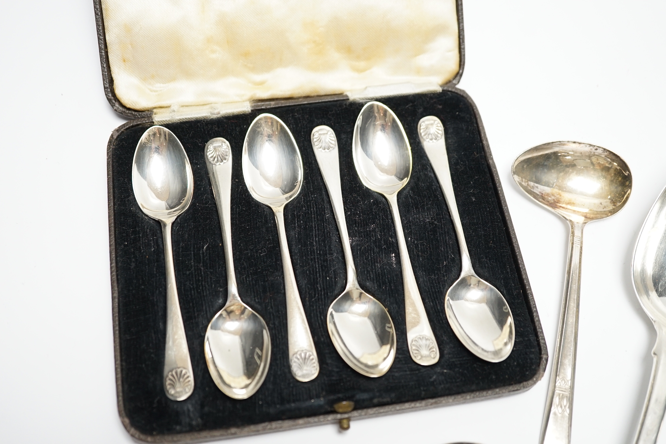 A group of assorted 19th century and late silver flatware, various patterns, dates and makers, including a set of six Hanovarian pattern dessert forks by George Adams, London, 1852(worn) and a cased set of six coffee spo
